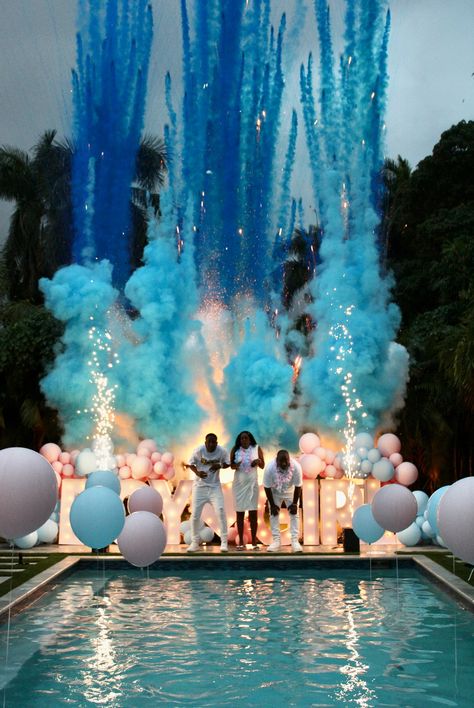 Volcano reveal | Gender Reveal Miami Night Time Gender Reveal Ideas, Lake Gender Reveal Ideas, Pool Gender Reveal Ideas, Gender Reveal Pool Party Ideas, Gender Reveal Ideas Summer, Gender Reveal Backyard, Pool Party Gender Reveal, Summer Gender Reveal Ideas, Gender Reveal Aesthetic