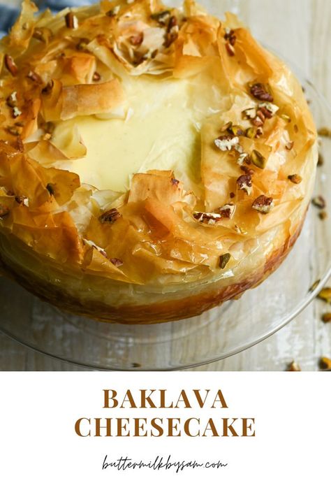 baklava cheesecake with pecans and pistachios Phyllo Cheesecake, Cheesecake Baklava, Baklava Recipes, Creamiest Cheesecake, Greek Pastry, Magical Kitchen, حلويات عربية, Baklava Cheesecake, Babka Recipe