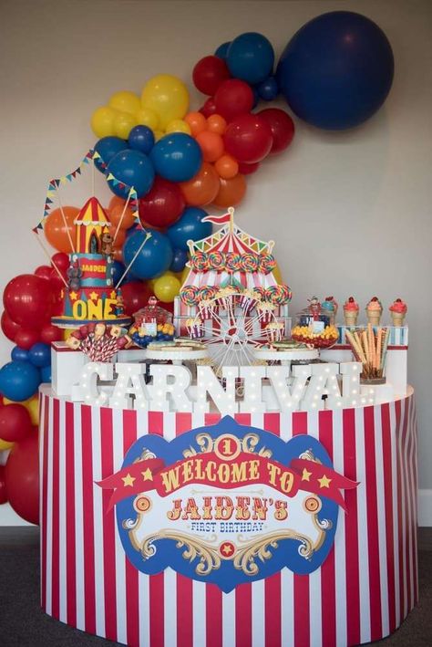 Check out this cool Carnival 1st Birthday Party! Love the dessert table! See more party ideas and share yours at CatchMyParty.com #catchmyparty #partyideas #carnival #carnivalparty #boybirthdayparty #1stbirthdayparty #desserttable Carnival Themed Birthday Party, Circus First Birthday, Circus 1st Birthdays, Circus Birthday Party Theme, Theme Carnaval, Carnival Birthday Party Theme, Carnival Birthday Party, Circus Carnival Party, Carnival Themed Party