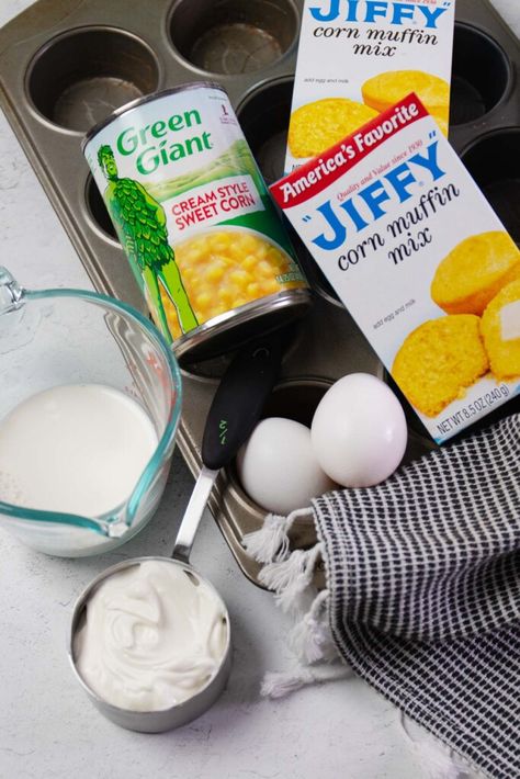 Ingredients for creamed corn cornbread muffins made with Jiffy corn mix. Corn Cornbread, Creamed Corn Cornbread, Sweet Corn Casserole, Jiffy Recipes, Jiffy Cornbread Recipes, Easy Corn Casserole, Jiffy Corn Muffins, Cornbread With Corn, Corn Muffin