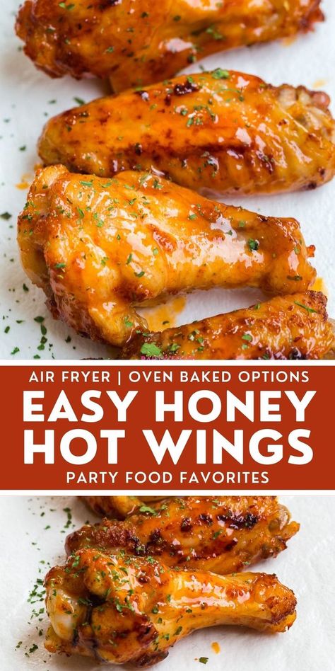 Honey Hot Wings are a crispy, crunchy snack for a crowd. Learn how to make them in the oven and your air fryer! Hot Wings Recipe Air Fryer, Oven Hot Wings, Wings Recipe Air Fryer, Snack For A Crowd, Honey Wings Recipe, Honey Hot Wings, Wings Recipe Oven, Chicken Wings Recipe Oven, Hot Wings Recipe