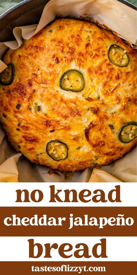 This No Knead Jalapeño Cheese Bread recipe is a perfect blend of spicy jalapeños and rich, melted cheese. It's an easy-to-follow recipe with a hands-off approach. Artesian Bread, Jalapeño Bread, Jalapeno Cheese Bread, Cheese Bread Recipe, Dutch Oven Bread, Knead Bread Recipe, Jalapeno Cheese, Best Bread Recipe, Easy Cheese