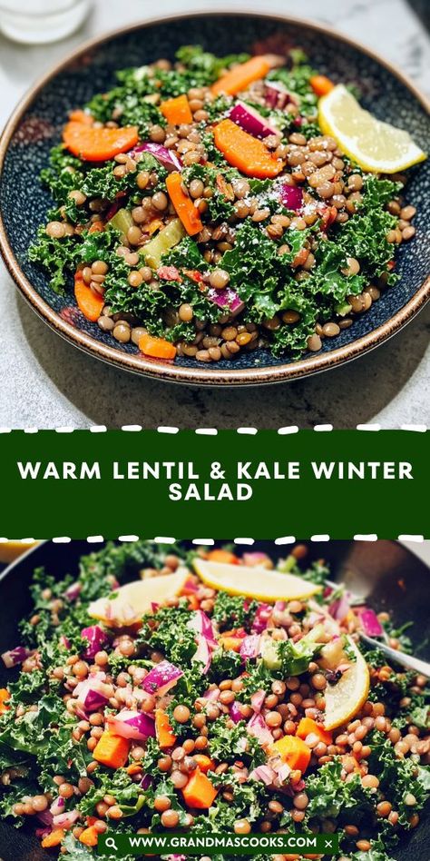 Enjoy a hearty and nutritious meal with this warm lentil and kale salad. With tender lentils, crispy kale, and a tangy dressing, it’s the perfect comfort food for colder months! Kale Winter Salad, Warm Lentil Salad, Warm Salad Recipes Winter, Lentil Salad Recipes Cold, Lentil Kale, Warm Kale Salad, Vegetarian High Protein, Warm Salad Recipes, Crispy Kale