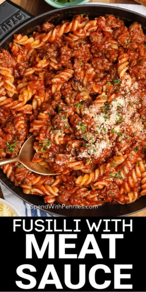 This Fusilli with Meat Sauce recipe is a one-pot pasta dish that is ready in under 30 minutes! Quick, easy & delicious, this recipe is a family favorite! #spendwithpennies #fusilli #meatsauce #pasta #maindish #pastawithmeatsauce #easypastarecipe #fusilliwithmeatsauce #homemade Pasta And Meat Sauce Recipe, Fusilli Pasta Recipes Ground Beef, Rotini With Meat Sauce, Pasta With Meat Sauce Recipes, Meaty Pasta Recipes, Red Sauce Meals, Fussili Pasta Recipes, Fusili Pasta Recipes, Fusilli Pasta Recipes