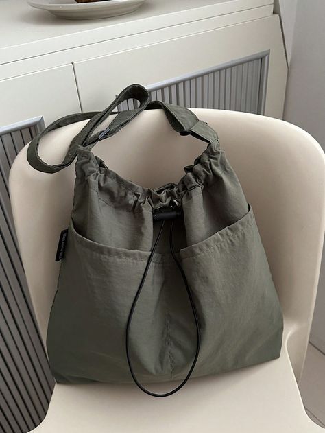 Fashionable Solid Color Casual Bucket Bag, Lightweight Multi Pocket Drawstring Sealed Single Shoulder Crossbody Bag, Suitable For Shopping, Wallets, Shopping, Young Women, College Students, Newcomers, And White-Collar Workers. They Are Very Suitable For Offices, Universities, Work, Business, Commuting, Outdoor, Travel, And Outings Army Green Casual,Fashionable   Polyester Plain Bucket Bag   Women Bags, size features are:Bust: ,Length: ,Sleeve Length: Bags For University, Upcycled Denim Diy, Diy Bag Designs, Denim Diy, Upcycled Denim, White Collar, Nylon Bag, Sewing Bag, Diy Bag