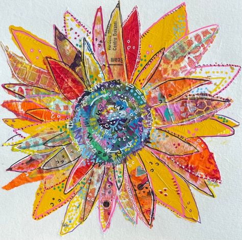 A Sunflower Collage - Etsy Elementary Art Projects Paint, Sunflower Collage Art, Hanging Art Projects, Sunflower Collage, Fabric Collage Art, Decoupage Fabric, Collage Flowers, Collage Paintings, Fall Art Projects