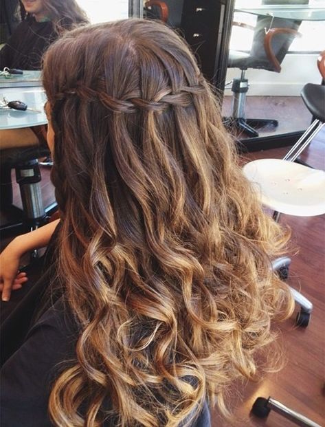 Waterfall Braid Half Up Curled Hair, Waterfall Braid With Curls, Curls For Long Hair, Bun Updo, Hoco Hairstyles, Hair Catalog, Waterfall Braid, Medium Long Hair, Braids With Curls