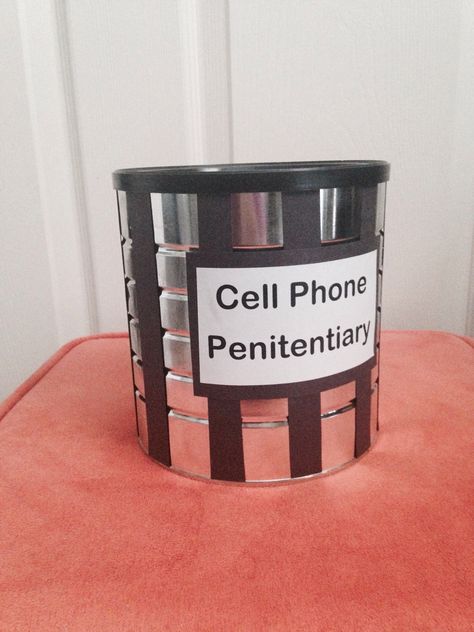 Cell phone jail to hold phones until the end of class! A little glue, black strips of paper, a sign, and a coffee can make a temporary home for cellular distractions! Cell Phone Jail, Phone Jail, Girl Bible Study, Work Fun, Youth Room, First Year Teachers, Teaching Language Arts, Middle School English, Phone Ideas