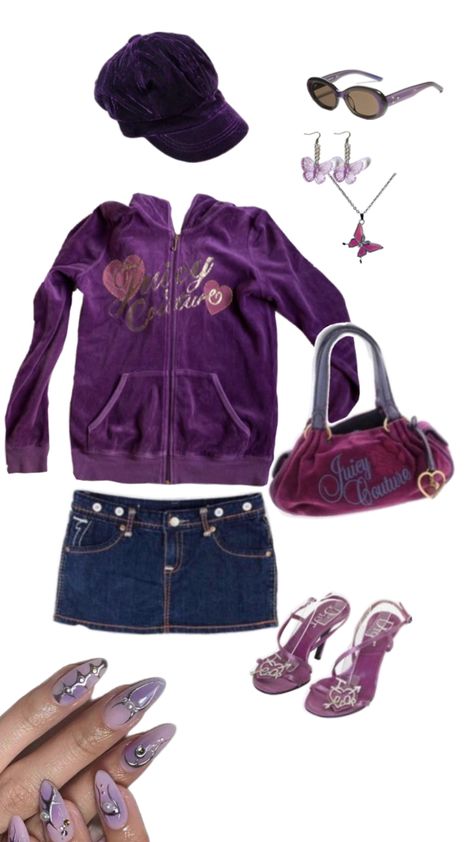 PURPLE Y2K OUTFIT 2000 Fashion Trends Early 2000s, Purple Y2k Outfit, Y2k Mini Skirt Outfit, Early 2000s Fashion Outfits, 2000 Fashion Trends, Early 2000s Nostalgia, Early 2000s Outfits, 2000s Fashion Inspiration, Classic Mini Skirt