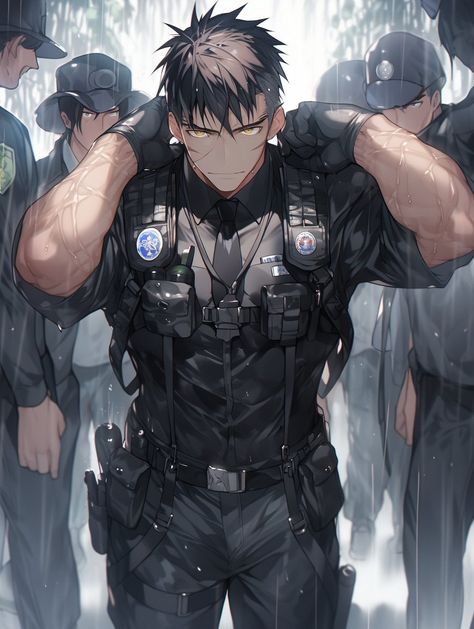 Anime Fbi Agent, Cop Oc Male, Police Anime Guy, Anime Military Man, Police Uniform Drawing, Bodyguard Oc, Anime Police Officer, Police Character Design, Police Reference