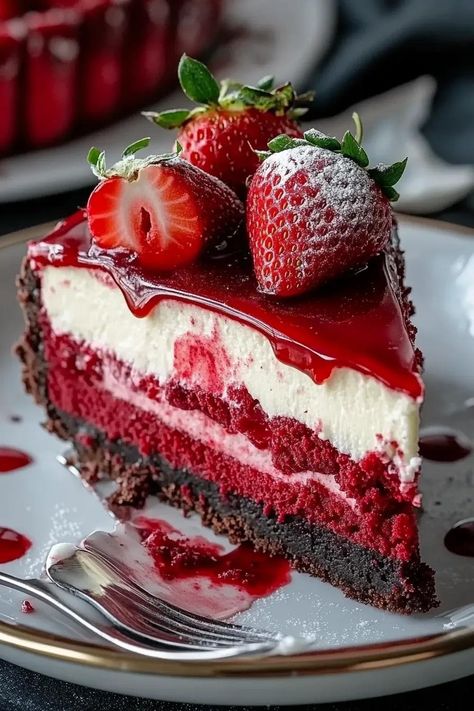 Red Velvet Strawberry Cheesecake Red Velvet Strawberry Cake, Red Velvet Strawberry Cheesecake, Cute Desserts Recipes, Cheesecake Recipes Strawberry, Red Velvet Cake Ideas, Best Strawberry Cheesecake Recipe, Strawberry Desserts Recipes, Red Velvet Food, Red Cheesecake