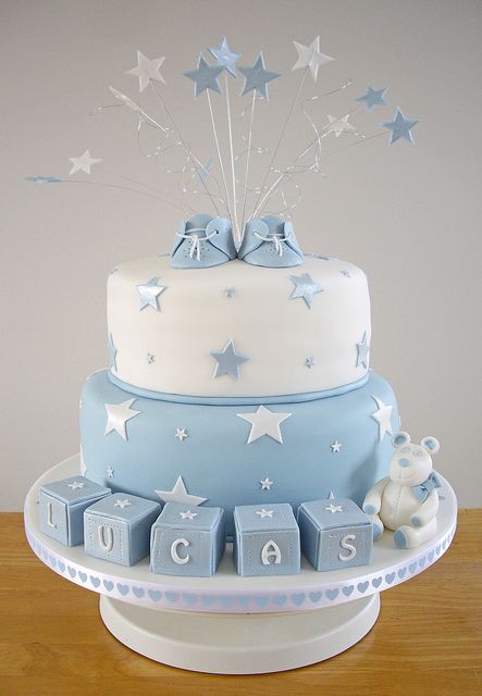 Lucas' Christening Cake by Chaos Cakes (Emma), via Flickr Torturi Baby Shower, Christening Cake Boy, Gateau Baby Shower, Idee Babyshower, Baby Shower Cakes For Boys, Baby Boy Cakes, Baptism Cake, Christening Cake, Baby Cakes