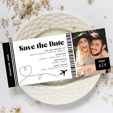 Plane Ticket Save The Date, Date Gift Ideas, Save The Date Ticket, Ticket Save The Date, Boarding Pass Save The Date, Wedding Ticket, Wedding Announcement Cards, Plane Ticket, Save The Date Template