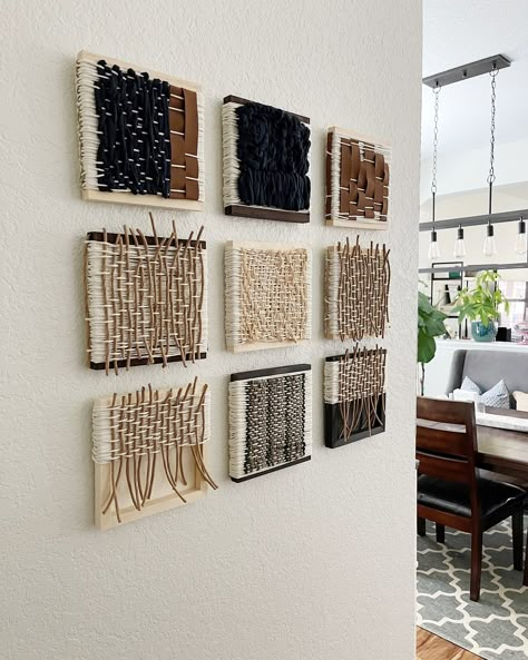 Narrow Wall Art Ideas, Weaved Wall Hanging, Woven Textile Art, Upcycled Wall Art, Knitted Wall Art, Big Gallery Wall, Art Fibres Textiles, Old Door Decor, Wall Textile