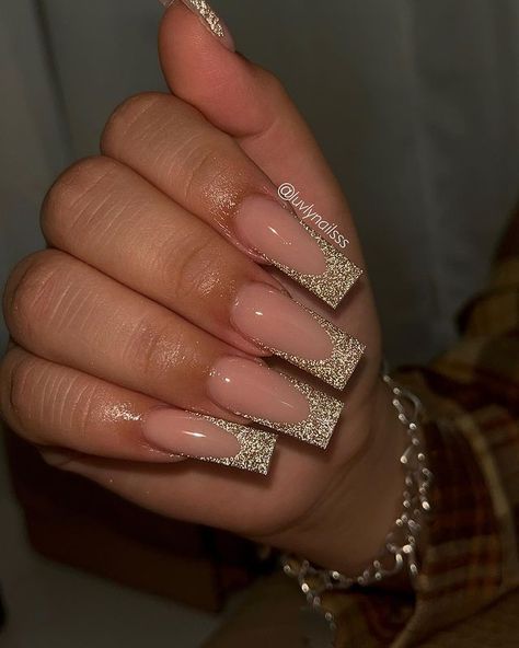 50 Best Winter Nail Art Ideas to Try Nails Acrylic Gold French Tips, Champagne Nails For Prom, Classy Gold Nails Acrylic, Hoco Nails Champagne, Prom Nails Beige, Nails For A Gold Prom Dress, Tan Birthday Nails, Champagne Colored Nails Acrylic, Gold Prom Nails Coffin