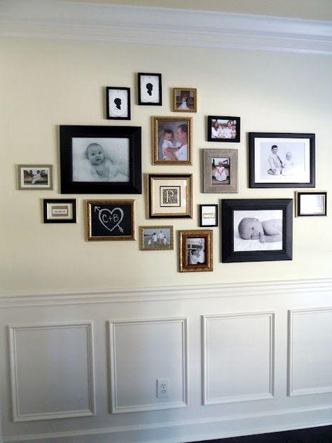 I like the mix of frames... Wall Frame Arrangements, Dining Room Gallery Wall, Frame Arrangement, Photo Arrangement, Photo Wall Gallery, Stained Glass Decor, Up House, Wall Frames, Wall Gallery