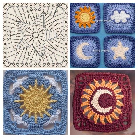 Impressive Crochet Projects, Star Square Crochet Pattern, Moon Square Crochet, Crochet Granys Square, Star And Moon Granny Squares, Sun Granny Square Pattern Free, Wave Granny Square, Star Crochet Granny Square, Sun Crochet Pattern Free