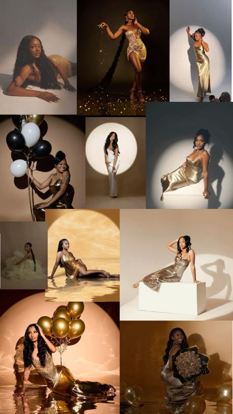 Eating Diamonds Photoshoot, Ballon Photoshoot Ideas Black, 30th Birthday Photoshoot Themes, Gold Aesthetic Party Decor, Golden 23rd Birthday, Golden Birthday Pictures, Metallic Birthday Photoshoot, Birthday Photoshoot Brown Background, 24 Karat Birthday Photoshoot