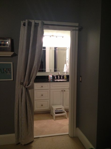 When you have a small bathroom that the door just gets in the way try a curtain that is lined with beautiful hardware!  This works great for a bathroom inside a bedroom! Door Curtains Bedroom, Door Curtains Kitchen, Dream Bathroom Master Baths, Bathroom Door Ideas, Hanging Doors, Small Bathroom With Shower, Dream Master, Doorway Curtain, Zen Room