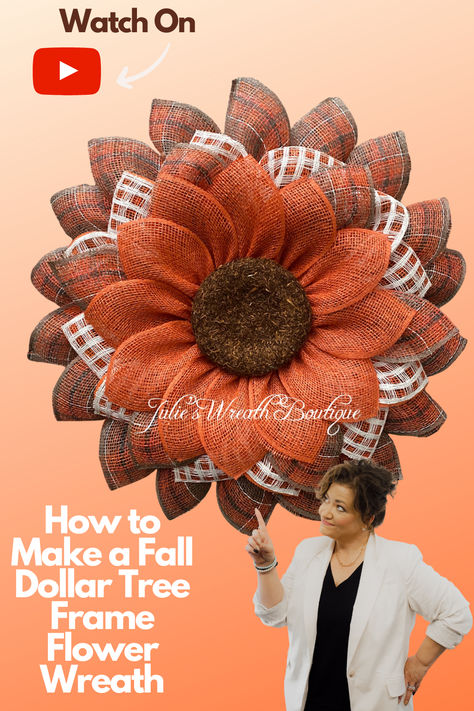 Are you looking for some new fall decor? Click on the link and Julie will show you step by step how to create this beautiful fall flower using a Dollar Tree frame. Choose the colors of your burlap and make this wreath all your own. With Julie's easy to follow instructions you will be finished in no time at all. This wreath is perfect for your front door or as a gift for a friend.
#julieswreathboutique #youtubetutorial #frontdoorwreath #falldecor #burlapwreath #dollartree Fall Burlap Wreaths, Dollar Tree Wreath, Wreaths Mesh, Dollar Tree Frames, Autumn Projects, Burlap Wreath Tutorial, Etsy Wreaths, Burlap Wreath Diy, Wreath Frames