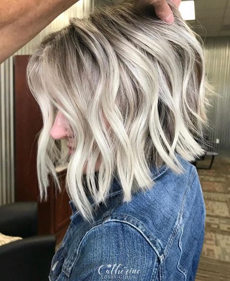 Cool Choppy Lob for Blondes Blonde Lob With Shadow Root, Textured Lob Straight Choppy Bobs, Icy Blonde Hair With Shadow Root Bob, Dimensional Blonde Lob, Icy Blonde Lob, Long Graduated Bob, Long Shaggy Bob, Straight Long Bob, Long Asymmetrical Bob