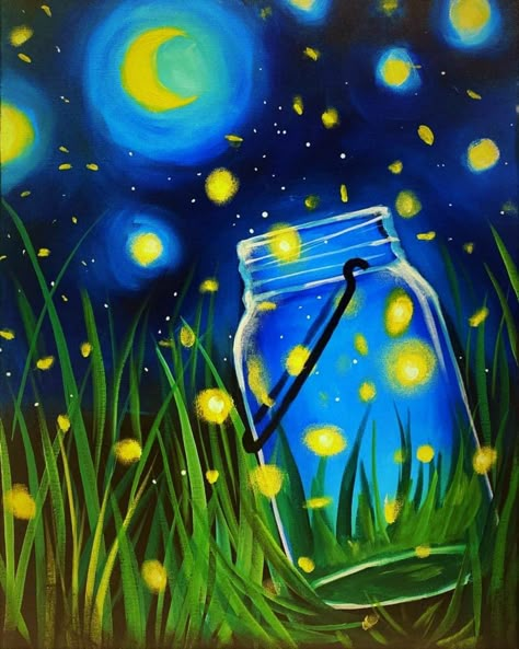 Paint And Sip Event, Firefly Drawing, Firefly Painting, Glow Projects, Fireflies In A Jar, Firefly Art, Painting With A Twist, Paint Nite, Whimsical Paintings