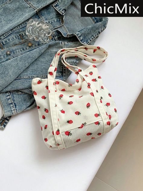 Fashionable Contrasting Strawberry Print Side Pocket Shoulder Tote Bag, Suitable For Shopping, Wallets, Shopping, Young Women, College Students, Newcomers, White-Collar Workers. They Are Very Suitable For Offices, Universities, Work, Business, Commuting, Outdoor, Travel, And Outings, Literary School Bag & Book Bag For Women Or Students, Perfect For Books, Shopping, Back To School And More White Fashionable   Polyester Colorblock,Fruit&Vegetable Shoulder Tote Bag   Women Bags, size features are:Bust: ,Length: ,Sleeve Length: Khaki Tote Bag, Teacher Tote, Designer Totes, Strawberry Print, Book Bag, Shoulder Tote Bag, Kids Jewelry, School Bag, Bag For Women