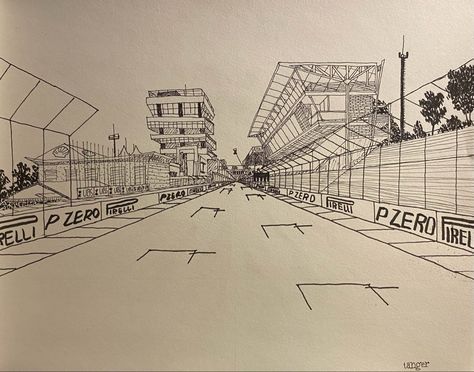 Race Track Drawing, F1 Race Track, 1 Point Perspective, F1 Race, One Point Perspective, Line Sketch, Point Perspective, Perspective Drawing, Art Things