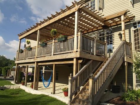 2 story descks and pergolas | story pergola Pergola Modern, Second Story Deck, Deck Remodel, Small Pergola, Cedar Pergola, Pergola Swing, Wooden Deck, Pergola Design, Deck Stairs