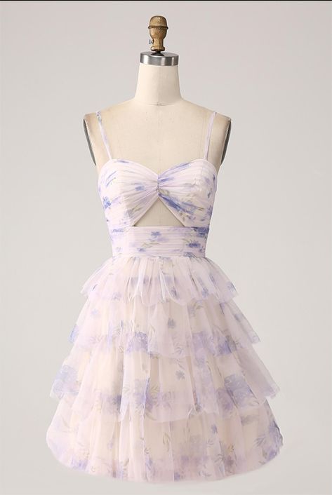 Lavender Flower A Line Spaghetti Straps Tiered Pleated Short Homecoming Dress Homecoming Dresses Flowy Floral, Medium Length Hoco Dress, Tiered Ruffle Dress Short, Cottagecore Homecoming Dress, Tangled Themed Hoco Dress, Tiered Short Dress, Spring Fling Dresses Short, Homecoming Dresses Medium Length, Coquette Homecoming Dress