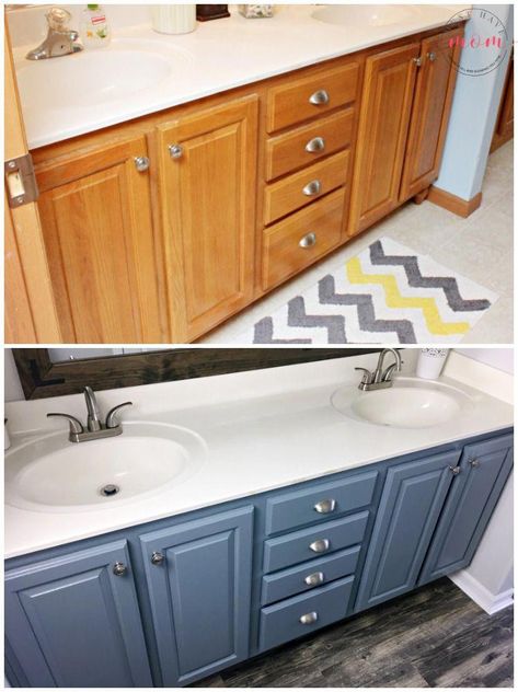 Farmhouse bathroom vanity makeover. Paint your vanity cabinets for a new look! #bathroomfurniture Bathroom Vanity Makeover Paint, Bathroom Cabinets Painted, Blue Bathroom Cabinets, Bathroom Cabinet Makeover, Fixer Upper Bathroom, Ideas Baños, Vanity Makeover, Cabinets Painted, Bathroom Vanity Makeover