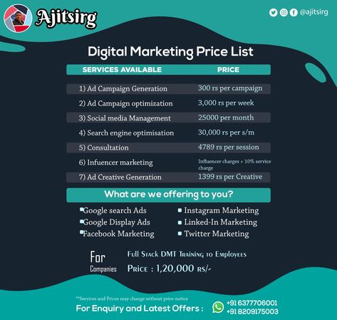 Digital Marketing Services Price List, Marketing Agency Price List, Digital Marketing Price List, Social Media Marketing Price List, Marketing Price List, Price List Design, Graphic Design Portfolio Inspiration, Social Media Branding Design, Media Branding