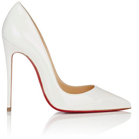 Christian Louboutin's So Kate pumps are crafted of white iridescent patent leather. 4.75\"/120mm heel (approximately). Pointed toe. Patent-leather-covered sign… Loubiton Heels, Christian Louboutin Wedding, White High Heel Shoes, Christian Louboutin Wedding Shoes, Louboutin High Heels, White Stilettos, White Slip On Shoes, Christian Louboutin Outlet, White High Heels