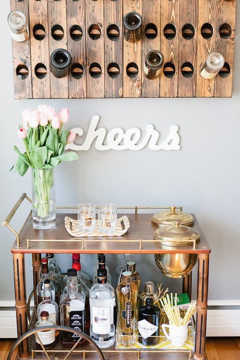 Photo by Erin McGinn Photography via Style Me Pretty Cart Bar, Make Your Own Wine, Gold Bar Cart, Bar Cart Styling, Smitten Kitchen, Bar Cart Decor, Diy Wine Rack, Bar Set Up, Tiny Spaces