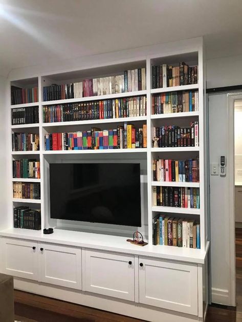 Book Shelves Tv Wall, Bookshelf Over Tv, Tv In A Bookcase, Tv Bookcase Wall Small Spaces, Bookshelf Entertainment Center Diy, Built In Bookshelves With Tv Space, Bedroom Ideas With Lots Of Storage, Library And Tv Room, Tv Wall Design With Bookshelves