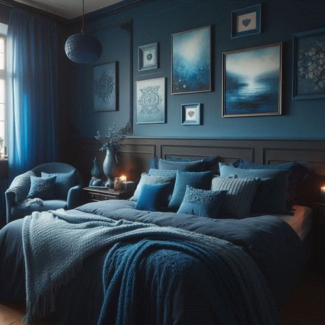 15 Dark Blue Room Ideas for a Sophisticated Look Dark Navy Room, Monochrome Blue Bedroom, Navy Ceiling Bedroom, Deep Blue Room, Blue Monochromatic Room, Dark Blue Boys Bedroom, Dark Blue Room Ideas, Blue And Black Bedroom, Midnight Blue Interior