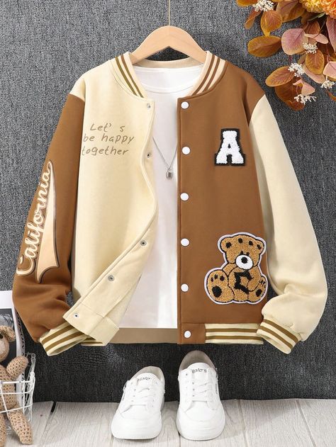 Brown Casual Collar Long Sleeve Knitted Fabric Colorblock,Slogan Varsity Embellished Slight Stretch  Teen Girls Clothing Teen Jackets, Sweaters And Hoodies, Clothes Patches, College Jacket, Bear Clothes, Jacket For Girls, Karakter Marvel, College Jackets, Boy Outerwear