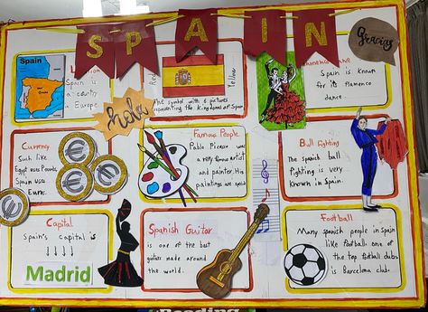 Spain Day At School, Mexico Board Project, Spain Project Ideas, Spain Bulletin Board Ideas, Poster Board Ideas School Project Country, Spain School Project, Spanish Project Ideas, Spain Poster Board Project, Country Poster Board Ideas