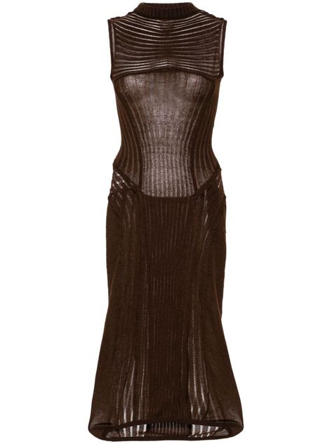 Find ISA BOULDER Sleeveless Knit Dress on Editorialist. Brown Semi-sheer construction r Ribbed knit Mock neck Sleeveless Open back Straight hem Mid-length Unlined Brown And Silver Outfit, Knitted Dress Outfit, Isa Boulder, Expensive Fashion, Knit Gown, Sleeveless Knit Dress, Black Knit Dress, Ribbed Midi Dress, Sleeveless Knit