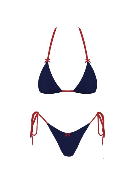 Navy bikini with red lining and bows Size and Fit: Adjustable string ties Fits true to size Navy Blue Two Piece Outfit, Red Blue Outfit, 4th July Outfit, 4th Of July Bikinis, Swim Outfit, Summer Two Piece Outfits, Swimsuit Inspo, 4th Of July Outfit, Red Two Piece