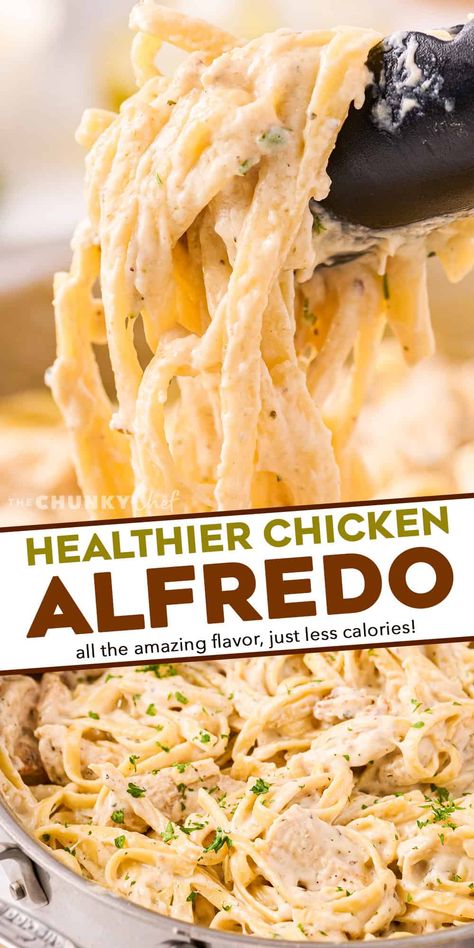 Chicken Alfredo is a classic Italian-American dish that is the ultimate epitome of comfort food. This lightened up version lowers the overall calories and fat, while still keeping all the amazing creamy flavors you crave! #alfredo #chicken #pasta #healthy Fast Chicken Alfredo Recipe, Chicken Alfredo Pasta Healthy Greek Yogurt, Healthy Alfredo Pasta Recipes Low Carb, Lazy Chicken Alfredo, Keto Chicken Fettuccine Alfredo, Low Calorie Chicken Spaghetti, Low Cal Chicken Alfredo, Low Calorie Chicken Alfredo Recipe, Healthy Crockpot Chicken Alfredo