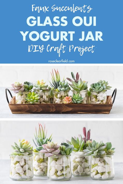 An easy DIY tutorial for faux succulents using upcycled glass Oui yogurt jars! A simple home decor craft project for any budget. The perfect gift idea. #DIY #upcycled #homedecor #fauxsucculents Recycling Jars Ideas, Small Plastic Jar Crafts, What To Do With Glass Yogurt Jars, Oui Jar Terrarium, House Shelves Decor, Upcycled Oui Yogurt Jars, Upcycle Yogurt Jars, Uses For Oui Jars, Cute Jar Decorating Ideas