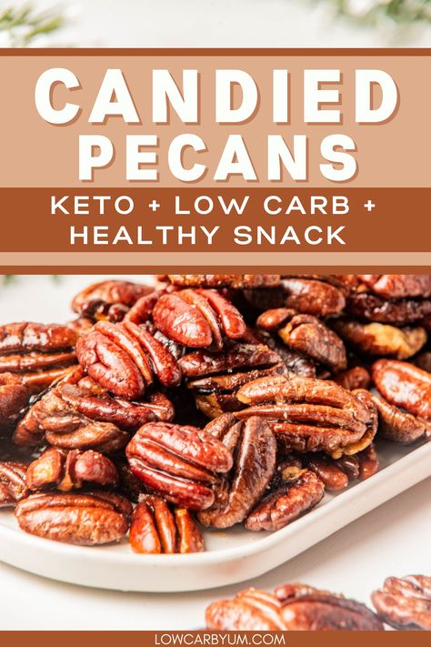 This easy candied pecan recipe will be one of your favorite healthy snacks. It's quick, easy, keto, low carb, and no egg required! Chop them up and use them for a salad, or as an every day snack. Keto Snacks No Carb, Keto Candied Pecans With Butter, Sugar Free Candied Nuts Recipe, Keto Praline Pecans, Healthy Candied Pecans, Keto Chex Mix Low Carb, Sugar Free Candied Pecans, Keto Candied Walnut Recipes, Keto Pecans Candied