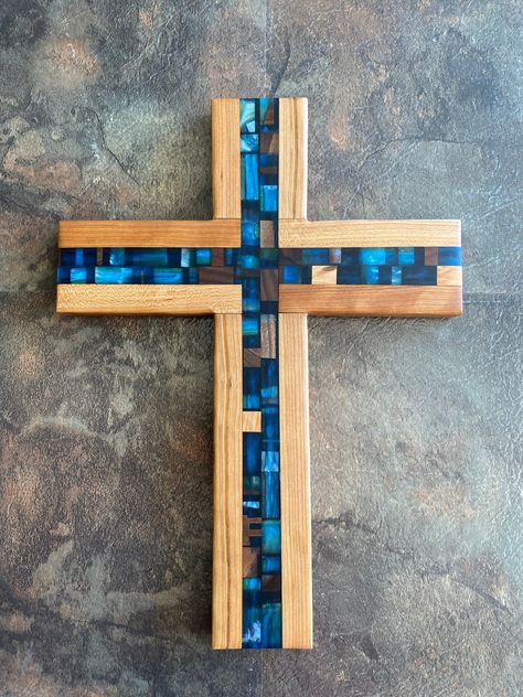 Christian decor, cross, Christian wall hanging, Jesus gift, cross gift, crucifix, Christian gift, wedding gift, confirmation gift, jesus by TrueGritWorkshop on Etsy Hanging Crosses On Wall Ideas, Wooden Cross Ideas, Wood Cross Crafts, Christian Wood Crafts, Cross Wood Projects, Painted Crosses On Wood, Wood Crosses Ideas, Epoxy Cross, Pallet Cross