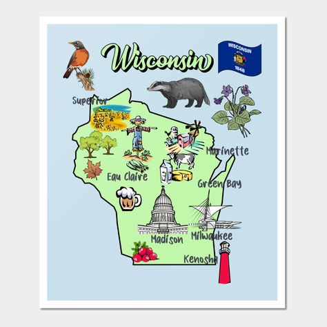 Wisconsin Landmarks Map with symbols of the State -- Choose from our vast selection of art prints and posters to match with your desired size to make the perfect print or poster. Pick your favorite: Movies, TV Shows, Art, and so much more! Available in mini, small, medium, large, and extra-large depending on the design. For men, women, and children. Perfect for decoration. Wisconsin Art, State Symbols, Wisconsin State, Hand Drawn Illustration, Drawn Illustration, Tourist Destinations, Map Art, Milwaukee, Wisconsin