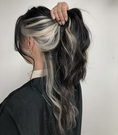 Ash Grey Underlights, Dark Brown Hair With Platinum Underneath, Long Hair Frosted Tips, Peekaboo Bleached Hair, Skunk Hair Subtle, Peekaboo Hair Ponytail, Dark Hair Peekaboo, Blond Tips On Black Hair, Hair Color Half And Half Under