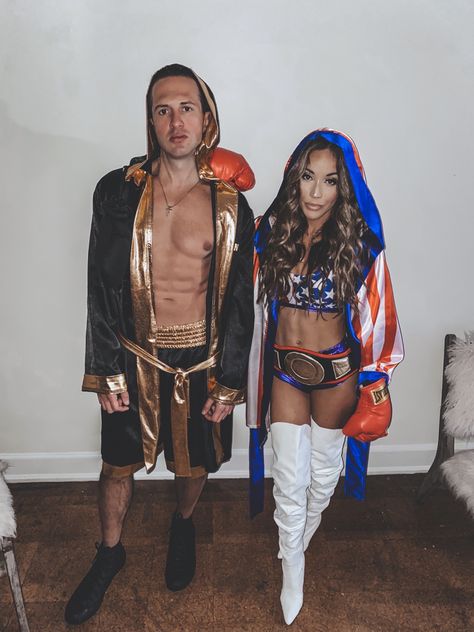 Boxing couple Couples Boxer Costume, Boxing Couple, Boxer Halloween Costume, Boxing Costume, Halloween Poses, Boxer Halloween, Cute Couples Costumes, Halloween Parejas, Box Costumes