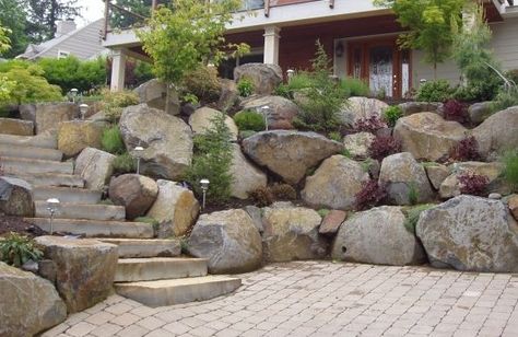 Backyard Rock Garden, Landscape Edging Stone, Boulder Retaining Wall, Landscaping Blocks, Rock Retaining Wall, Landscaping Retaining Walls, Hillside Landscaping, Sloped Garden, Landscape Edging