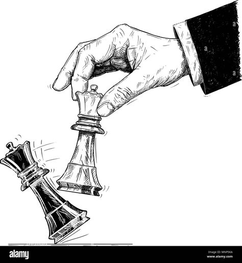 Download this stock vector: Vector Artistic Drawing Illustration of Hand Holding Chess King and Knocking Down Checkmate. - MNP5KA from Alamy's library of millions of high resolution stock photos, illustrations and vectors. Chess Pieces Illustration, Chess Game Drawing, Chess Drawing Illustrations, Chess Pieces Sketch, Chess King Drawing, Chess Aesthetic Drawing, Hand Holding Chess Piece, Chess Art Illustration, King Chess Piece Drawing