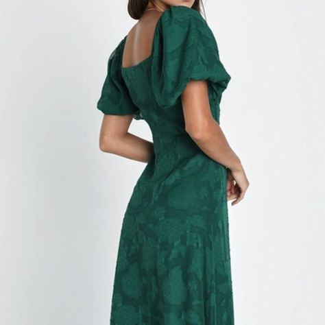 Emerald Green Floral Jacquard Midi Dress Green Dress Earrings, Dark Green Winter Dress, Modest Emerald Green Dress, Spring Gala Dress, Green Dress For Wedding Guest, Barn Wedding Guest Outfit, Emerald Green Maxi Dress, Forest Green Dress, Dresses Emerald Green